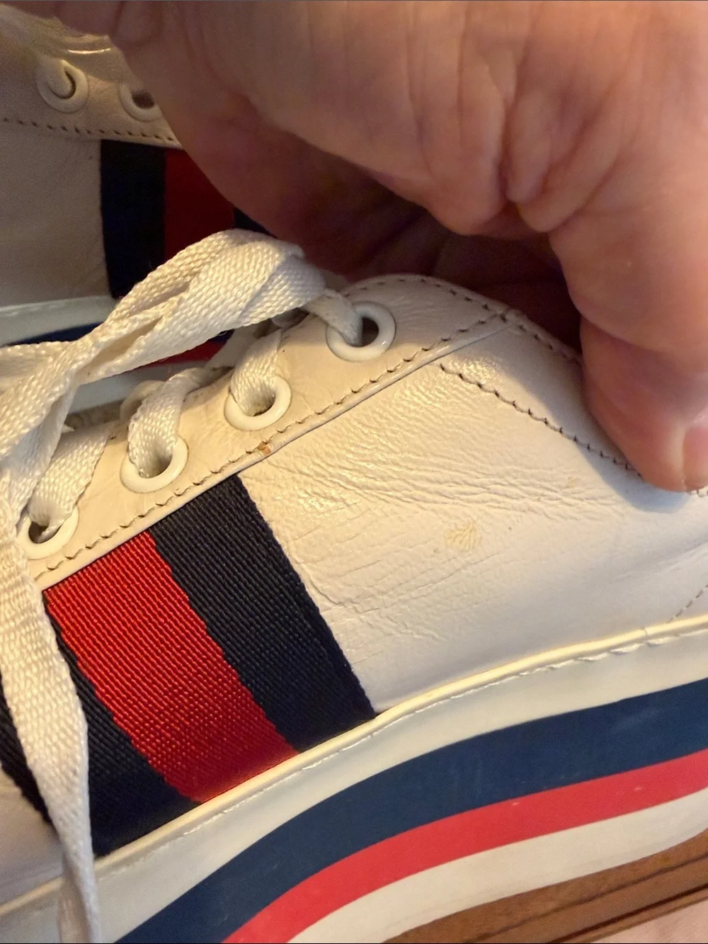 Gucci DAMAGED White Platform Sneakers with Red and Blue Stripe Accents - SZ 38